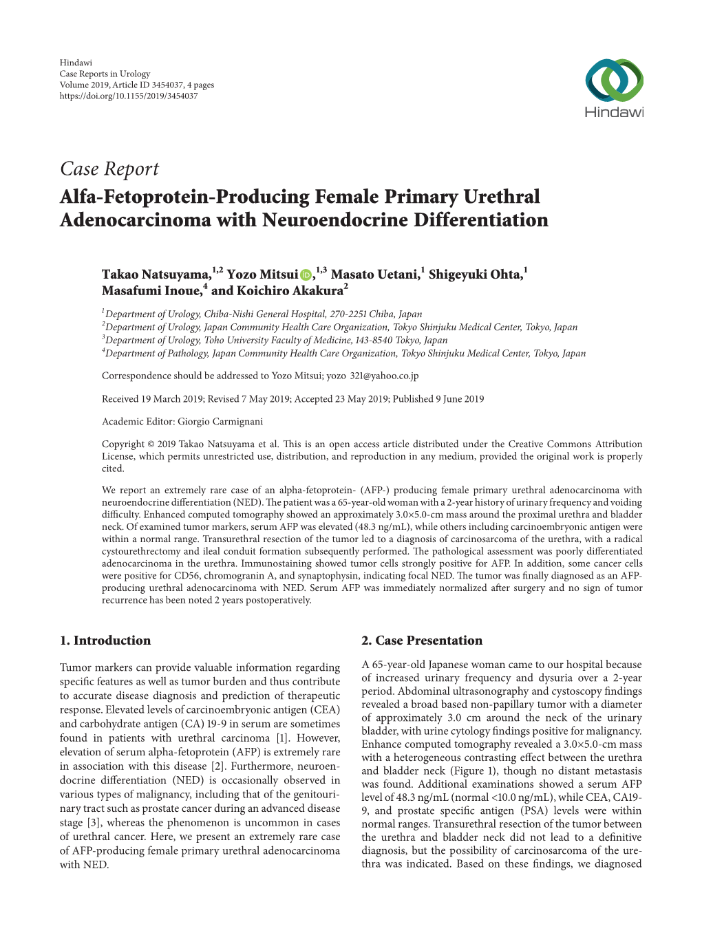 Case Report Alfa-Fetoprotein-Producing Female Primary Urethral Adenocarcinoma with Neuroendocrine Differentiation