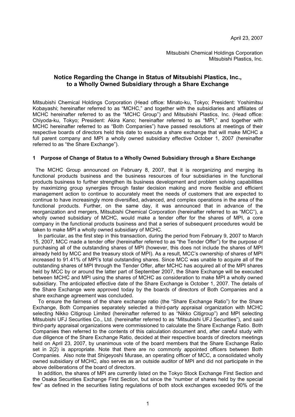 Notice Regarding the Change in Status of Mitsubishi Plastics, Inc., to a Wholly Owned Subsidiary Through a Share Exchange