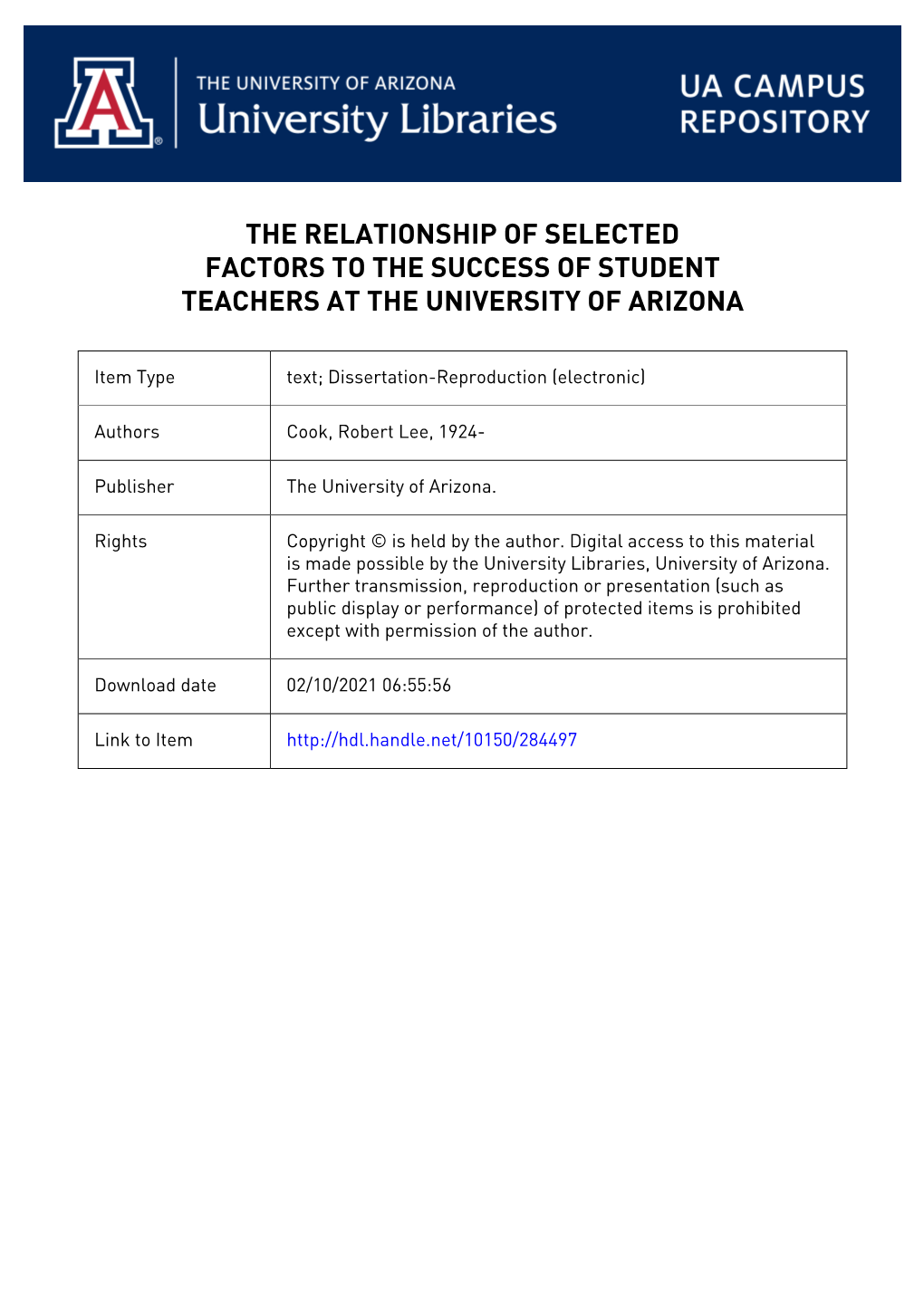 University Microfilms, Inc., Ann Arbor, Michigan the RELATIONSHIP of SELECTED FACTORS TO