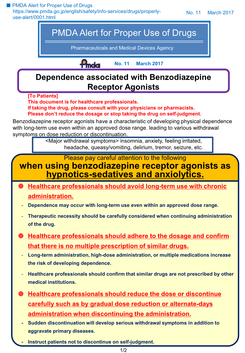 PMDA Alert for Proper Use of Drugs When Using Benzodiazepine