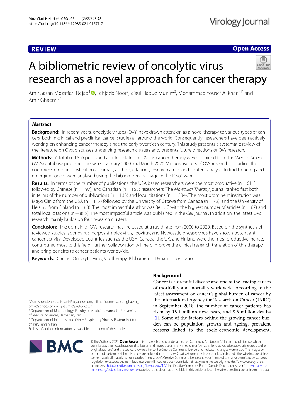 A Bibliometric Review of Oncolytic Virus Research As a Novel Approach For