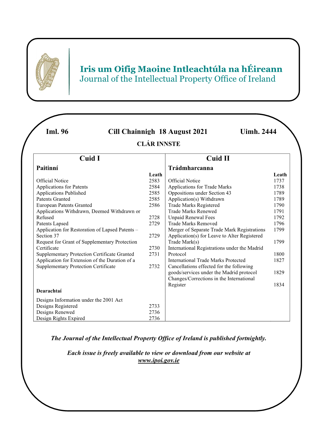 Iris Um Oifig Maoine Intleachtúla Na Héireann Journal of the Intellectual Property Office of Ireland