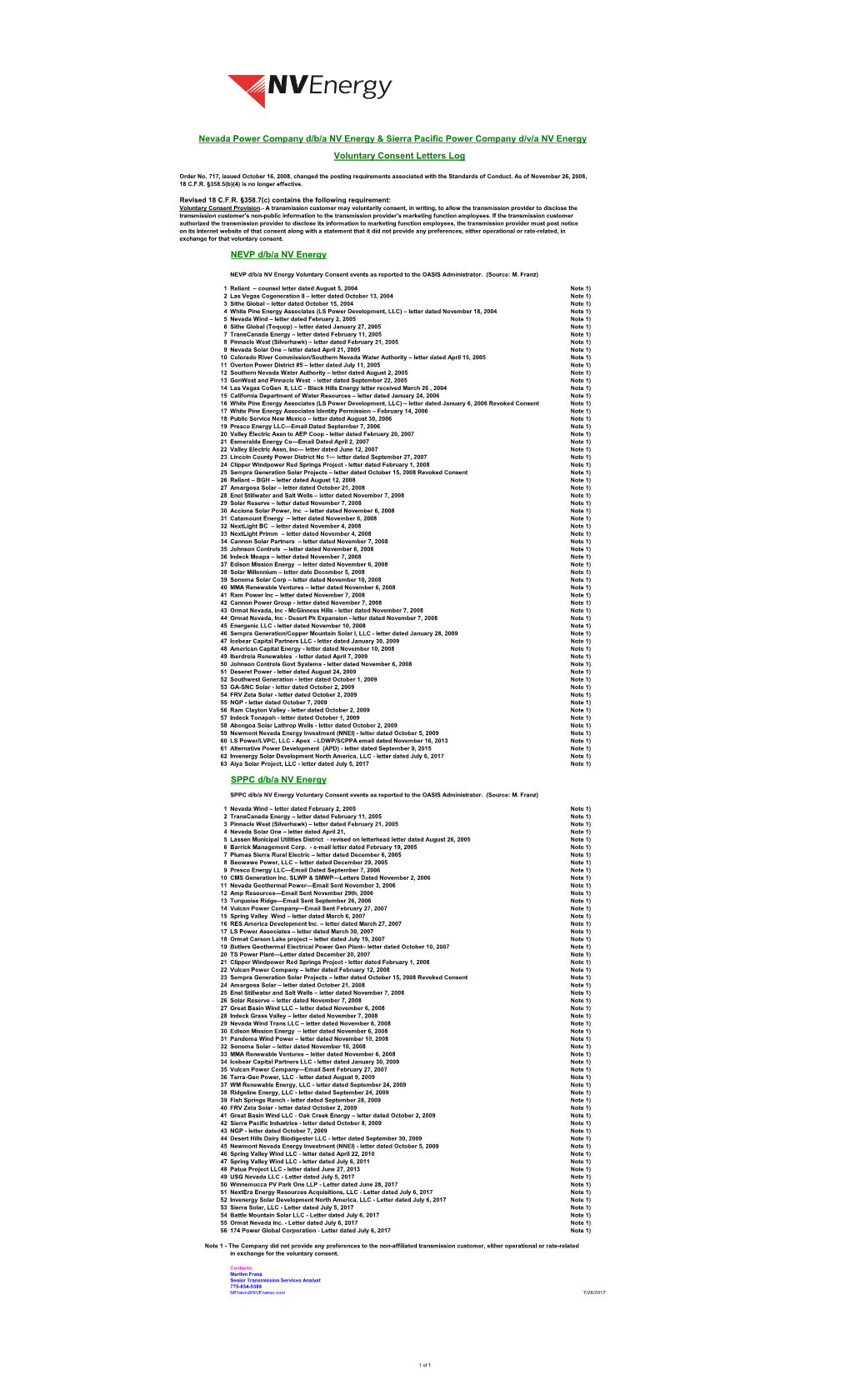 Voluntary Consent Letters Log NEVP D/B/A NV Energy SPPC D/B/A NV Energy Nevada Power Company D/B/A NV Energy & Sierra Pacifi