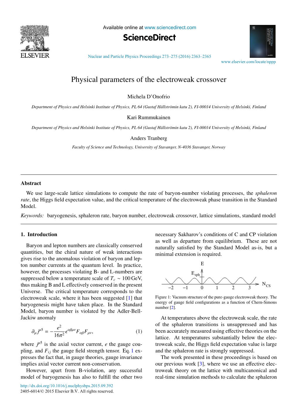 Physical Parameters of the Electroweak Crossover