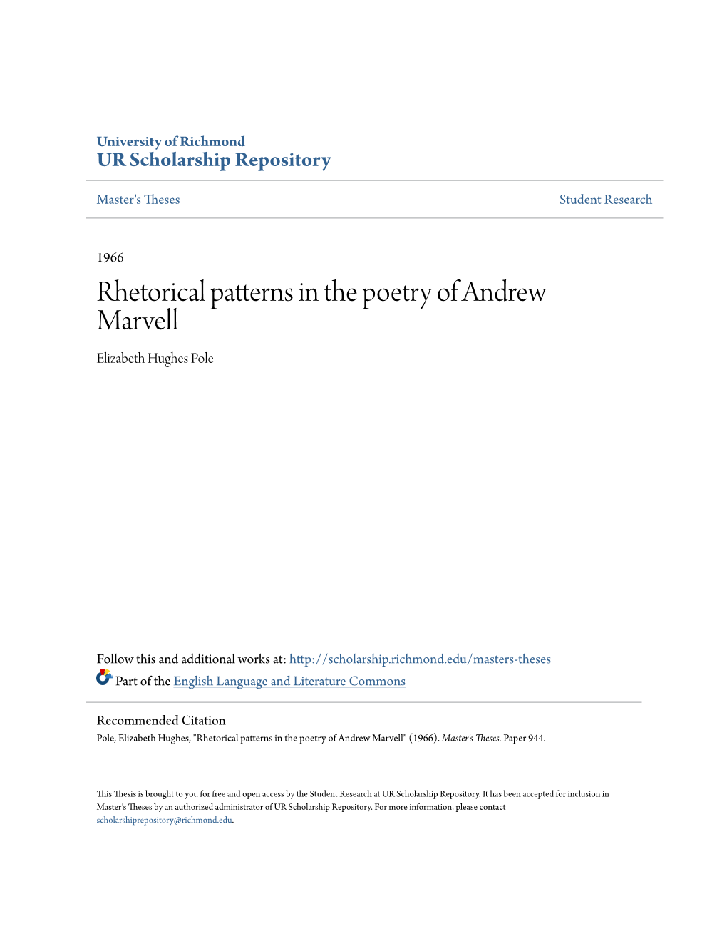 Rhetorical Patterns in the Poetry of Andrew Marvell Elizabeth Hughes Pole