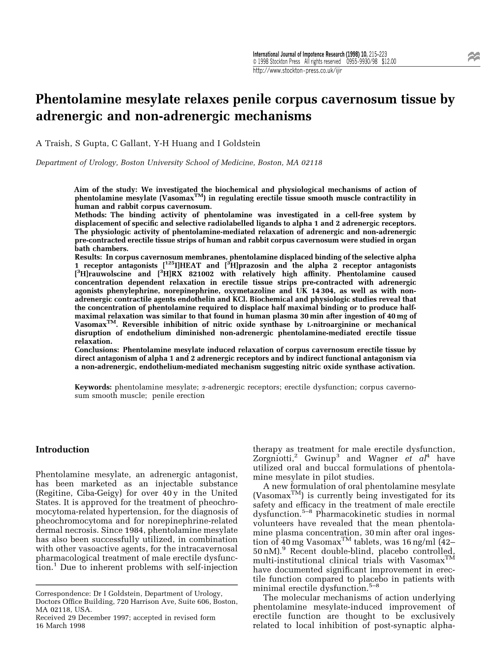 Phentolamine Mesylate Relaxes Penile Corpus Cavernosum Tissue by Adrenergic and Non-Adrenergic Mechanisms