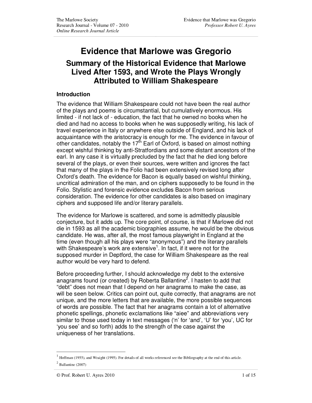 Evidence That Marlowe Was Gregorio Research Journal - Volume 07 - 2010 Professor Robert U