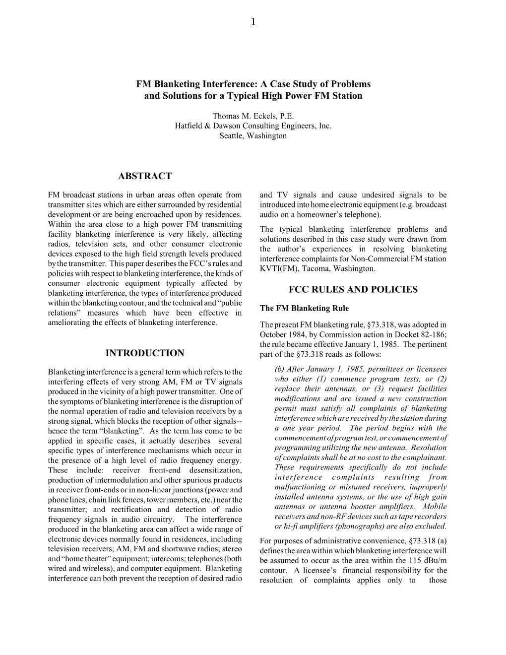 1 FM Blanketing Interference: a Case Study of Problems and Solutions for a Typical High Power FM Station