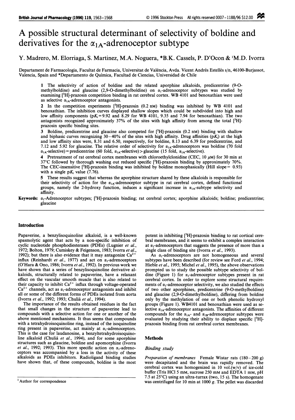 A Possible Structural Determinant of Selectivity of Boldine and Derivatives for the (Xla-Adrenoceptor Subtype Y