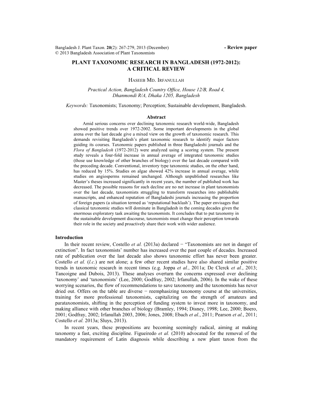 Plant Taxonomic Research in Bangladesh (1972-2012): a Critical Review