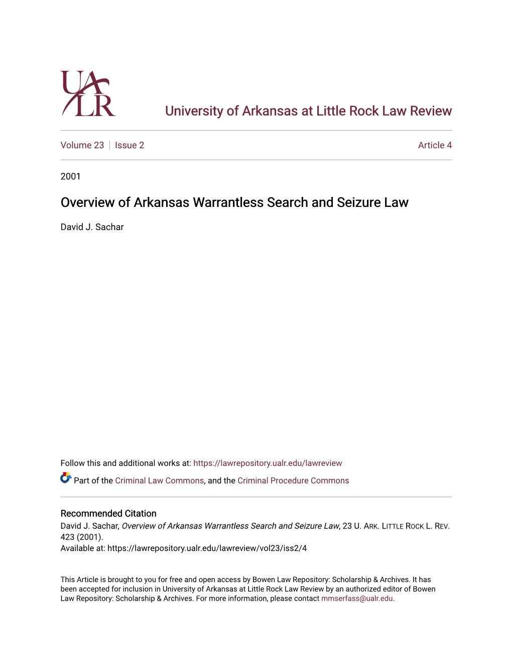 Overview of Arkansas Warrantless Search and Seizure Law