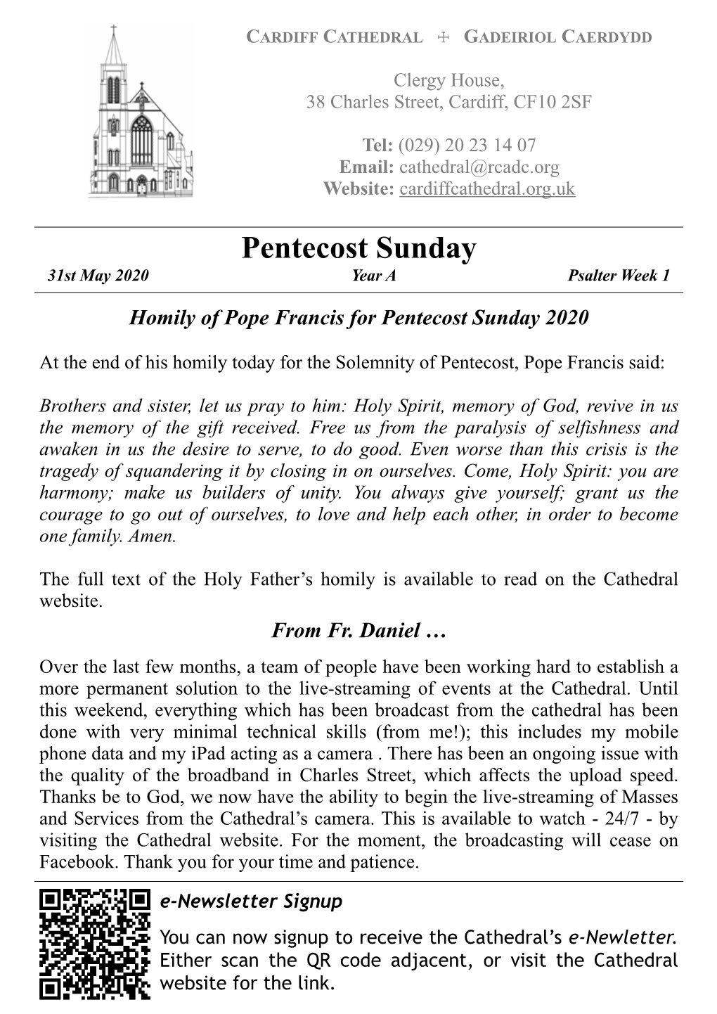 31St May 2020 – Pentecost Sunday