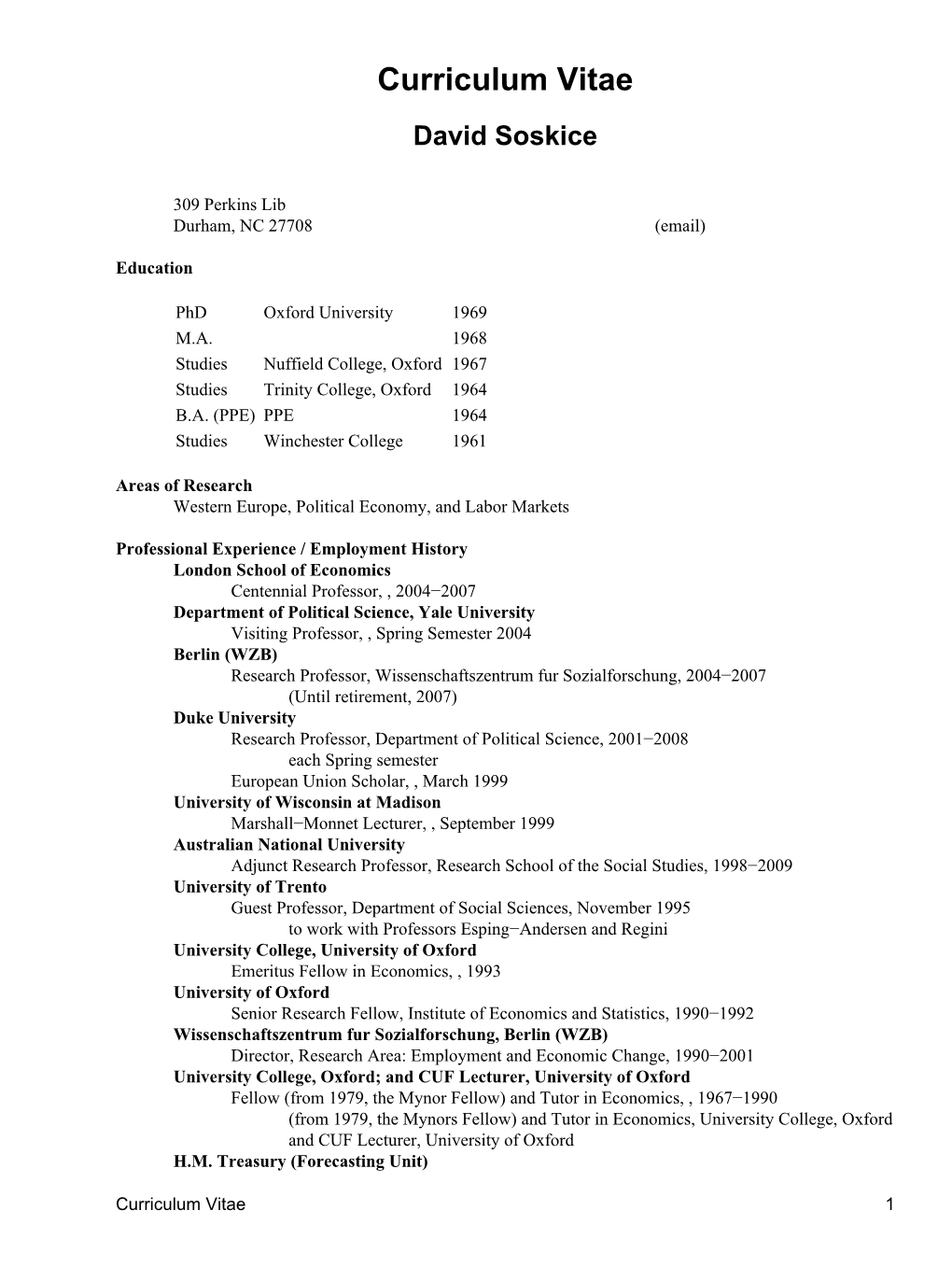 Curriculum Vitae David Soskice