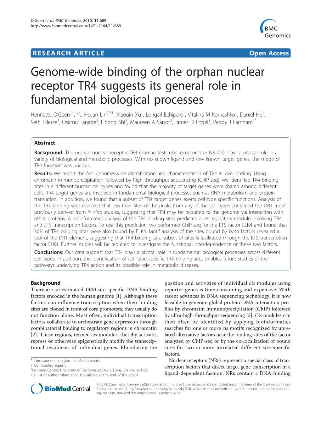 Genome-Wide Binding of the Orphan Nuclear Receptor TR4 Suggests Its General Role in Fundamental Biological Processes