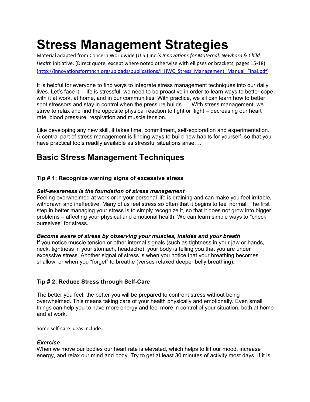 Stress Management Strategies Material Adapted from Concern Worldwide (U.S.) Inc.’S Innovations for Maternal, Newborn & Child Health Initiative