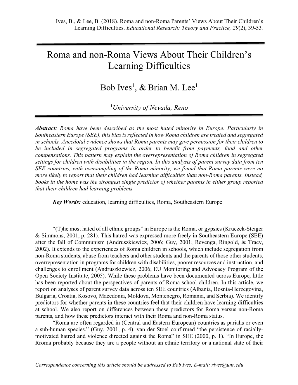 Roma and Non-Roma Views About Their Children's Learning Difficulties