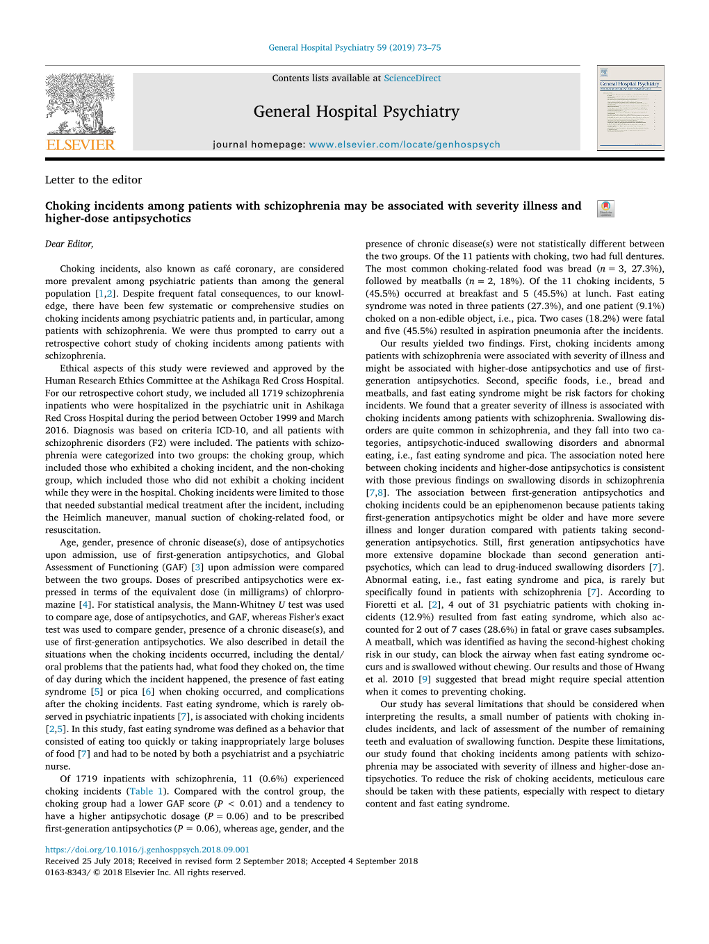 Choking Incidents Among Patients with Schizophrenia May Be Associated with Severity Illness and T Higher-Dose Antipsychotics