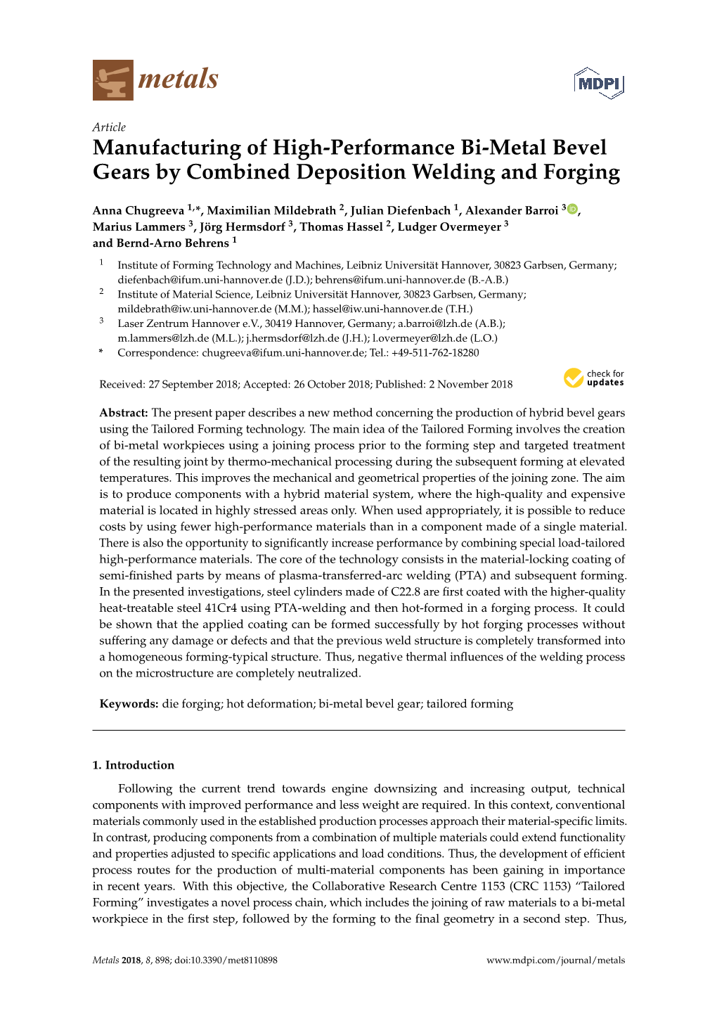 Manufacturing of High-Performance Bi-Metal Bevel Gears by Combined Deposition Welding and Forging