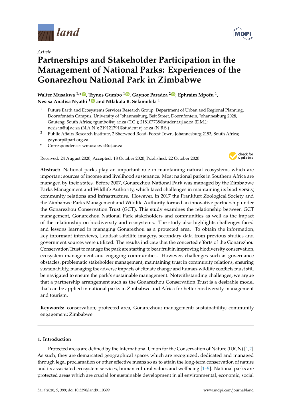 Partnerships and Stakeholder Participation in the Management of National Parks: Experiences of the Gonarezhou National Park in Zimbabwe