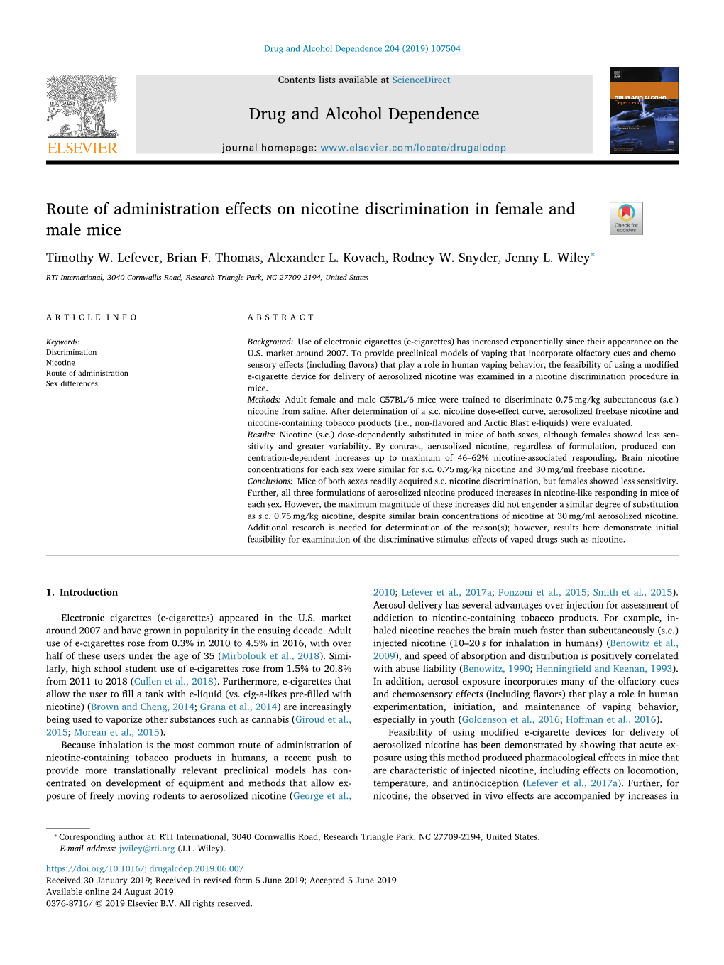 Route of Administration Effects on Nicotine Discrimination in Female and Male Mice