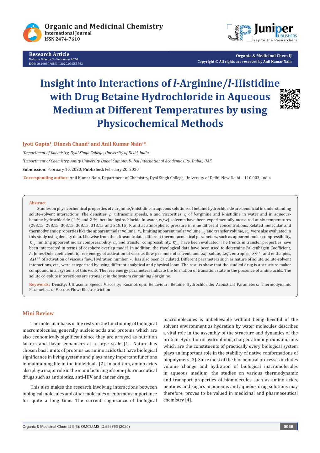 Insight Into Interactions of L-Arginine/L-Histidine with Drug Betaine Hydrochloride in Aqueous Medium at Different Temperatures by Using Physicochemical Methods