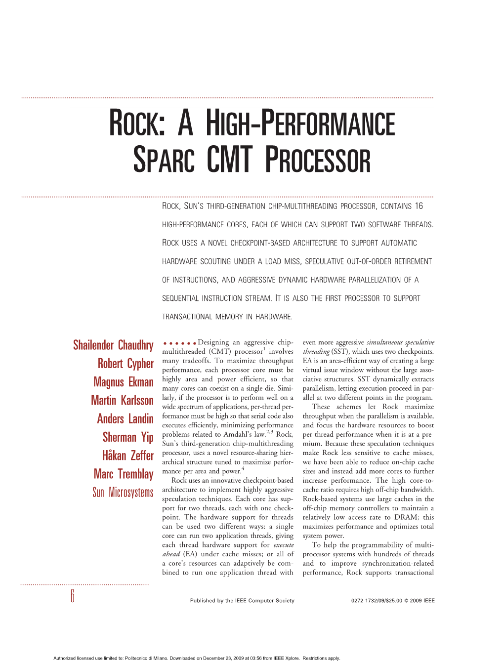 Rock:Ahigh-Performance Sparc Cmt Processor