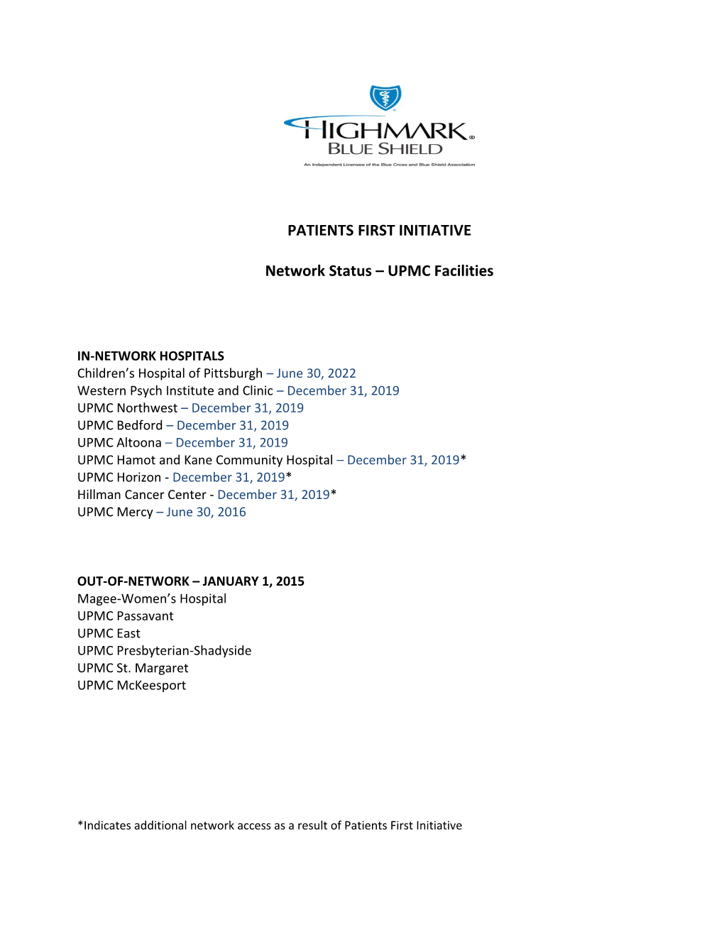 Network Status UPMC Facilities