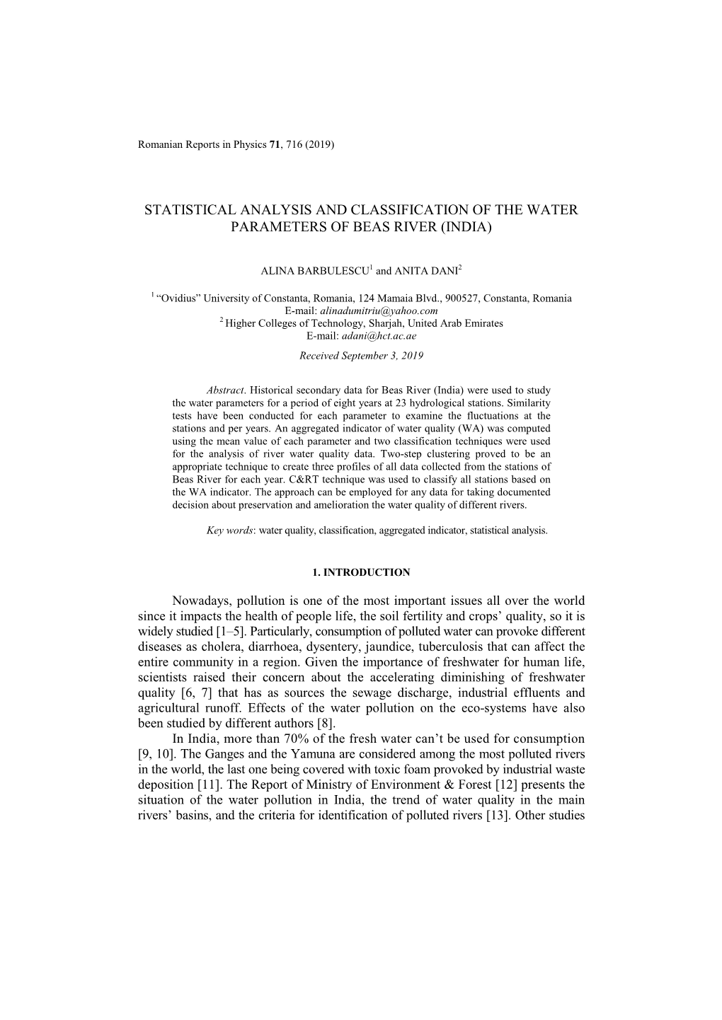 Statistical Analysis and Classification of the Water Parameters of Beas River (India)