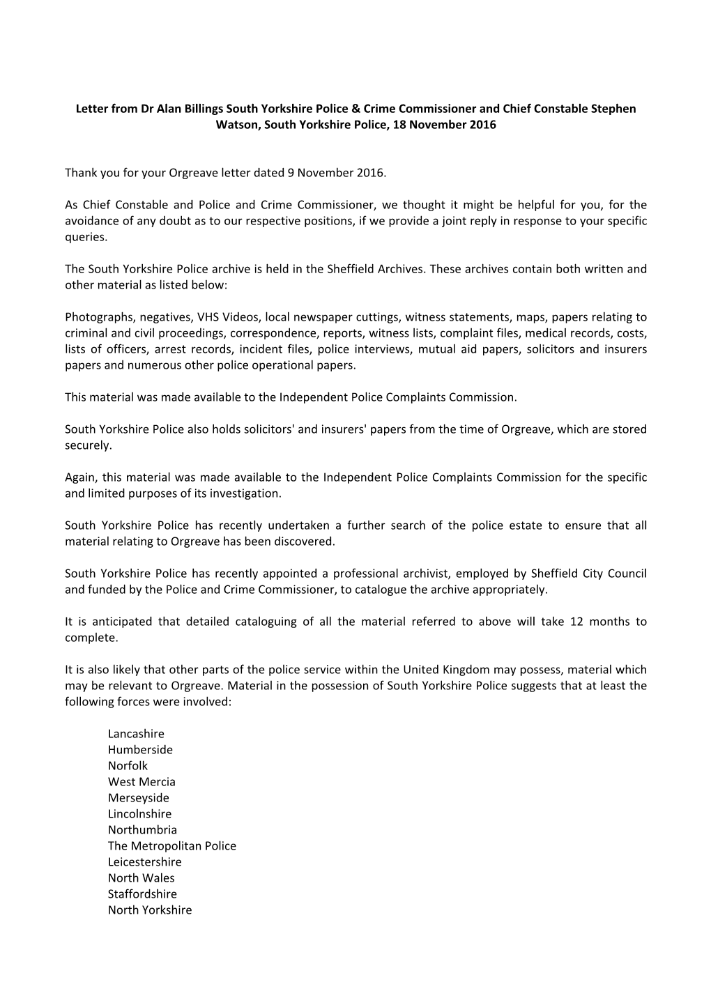 Letter from Dr Alan Billings South Yorkshire Police & Crime