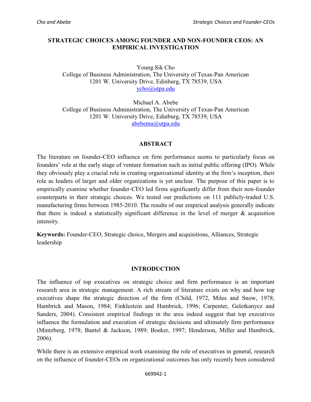 Strategic Choices Among Founder and Non-Founder Ceos: an Empirical Investigation