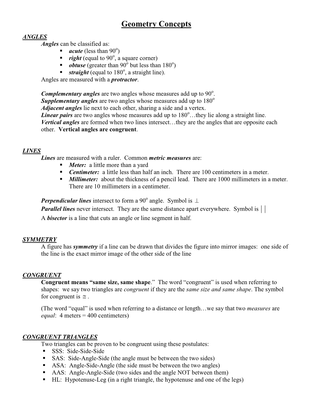 Geometry Concepts Needed for Trigonometry