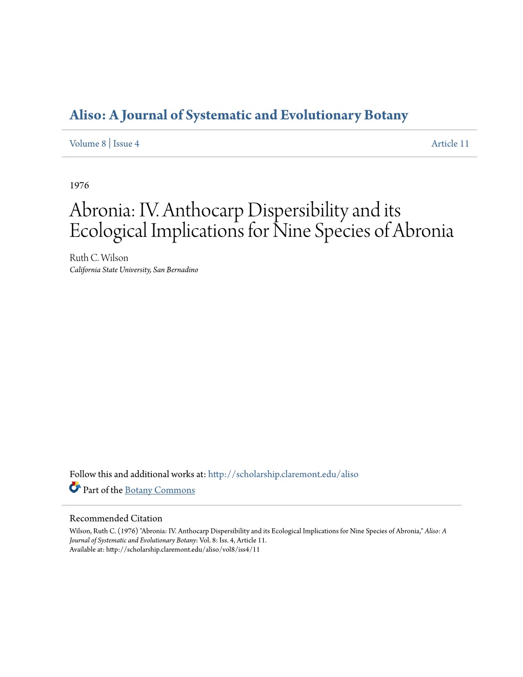 IV. Anthocarp Dispersibility and Its Ecological Implications for Nine Species of Abronia Ruth C