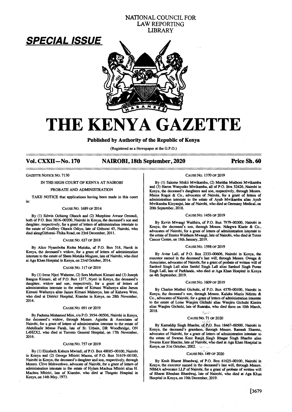 THE KENYA GAZETTE Published by Authority of the Republic of Kenya (Registered As a Newspaper at the G.P.O.) � Vol