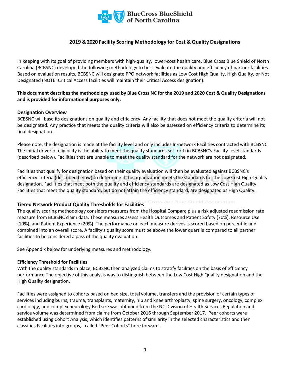 2019 & 2020 Facility Scoring Methodology for Cost & Quality