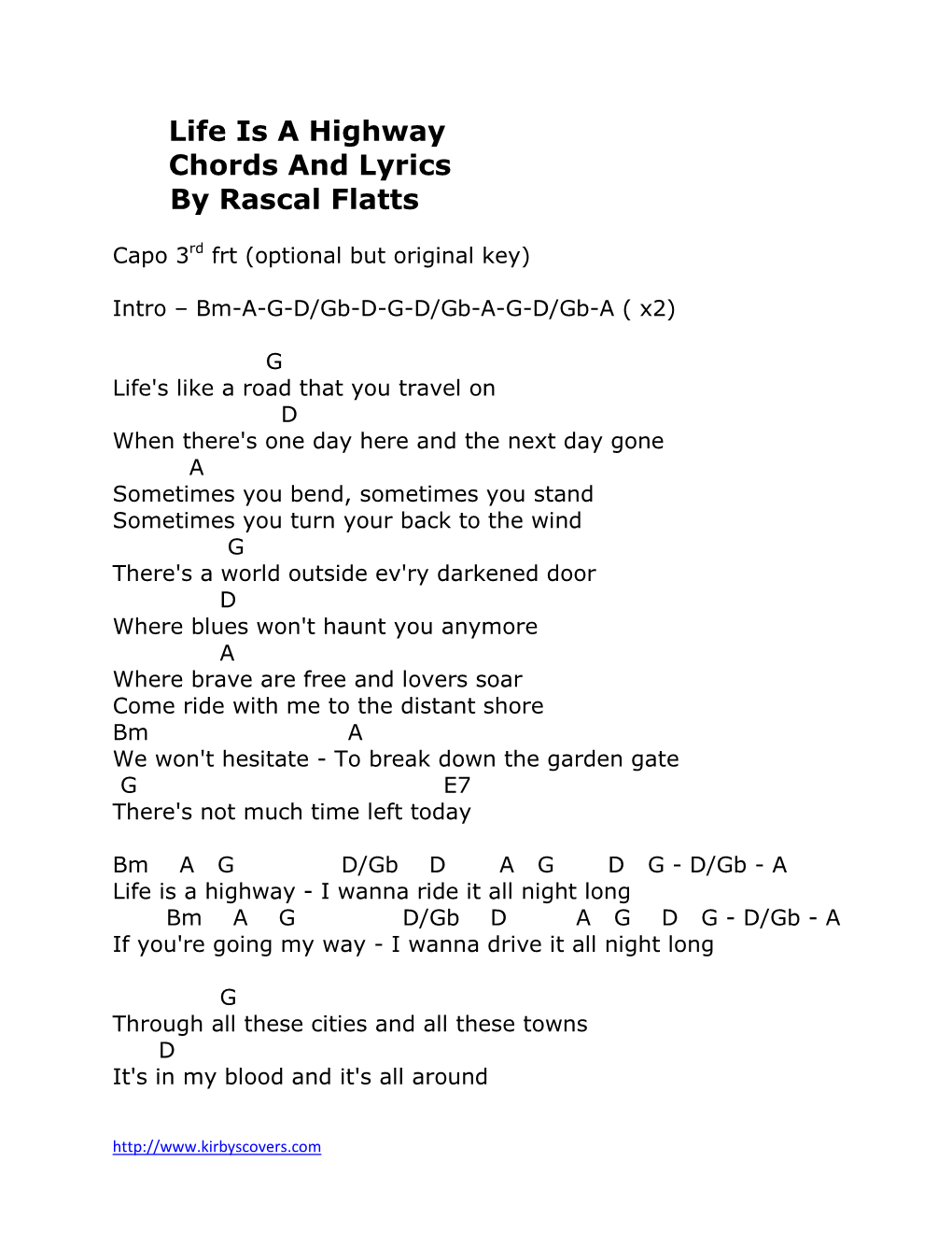 Life Is a Highway Chords and Lyrics by Rascal Flatts