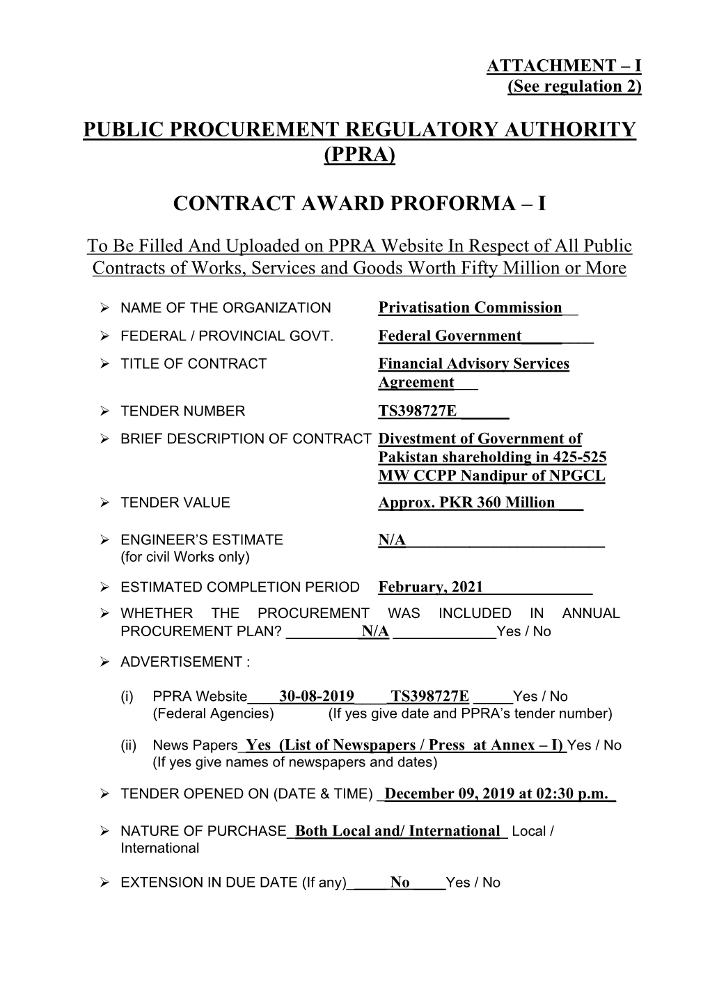 (Ppra) Contract Award Proforma