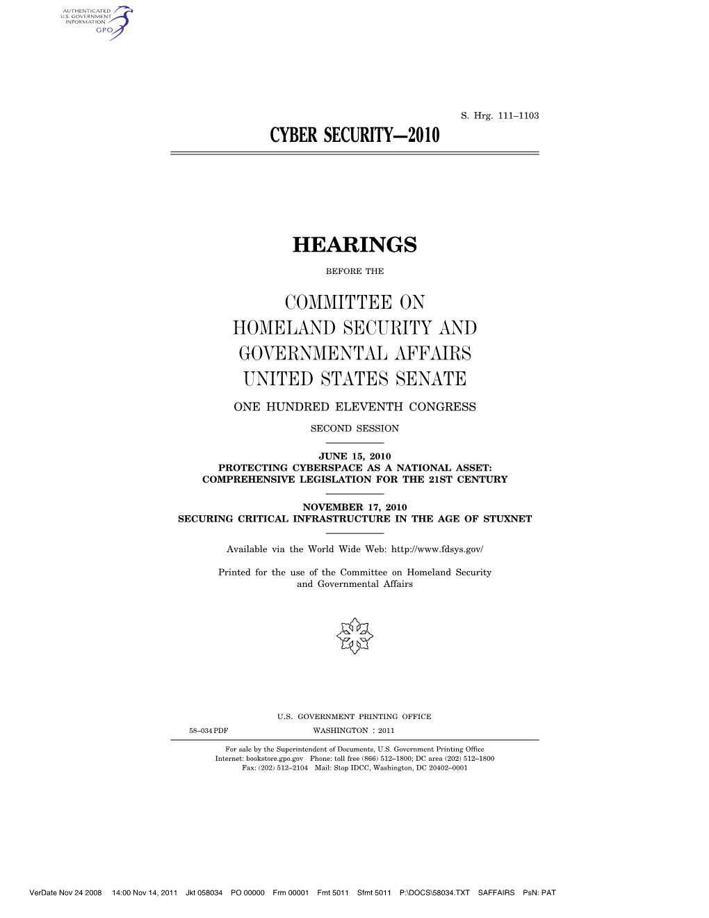 Cyber Security—2010 Hearings Committee On