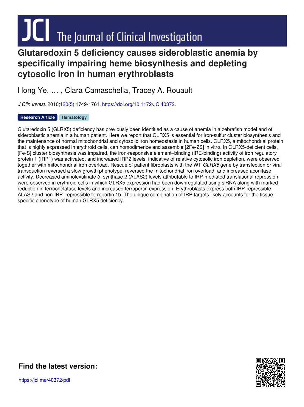 Glutaredoxin 5 Deficiency Causes Sideroblastic Anemia by Specifically Impairing Heme Biosynthesis and Depleting Cytosolic Iron in Human Erythroblasts