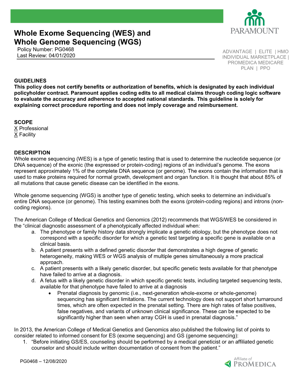 PG0468 Whole Exome Sequencing (WES)