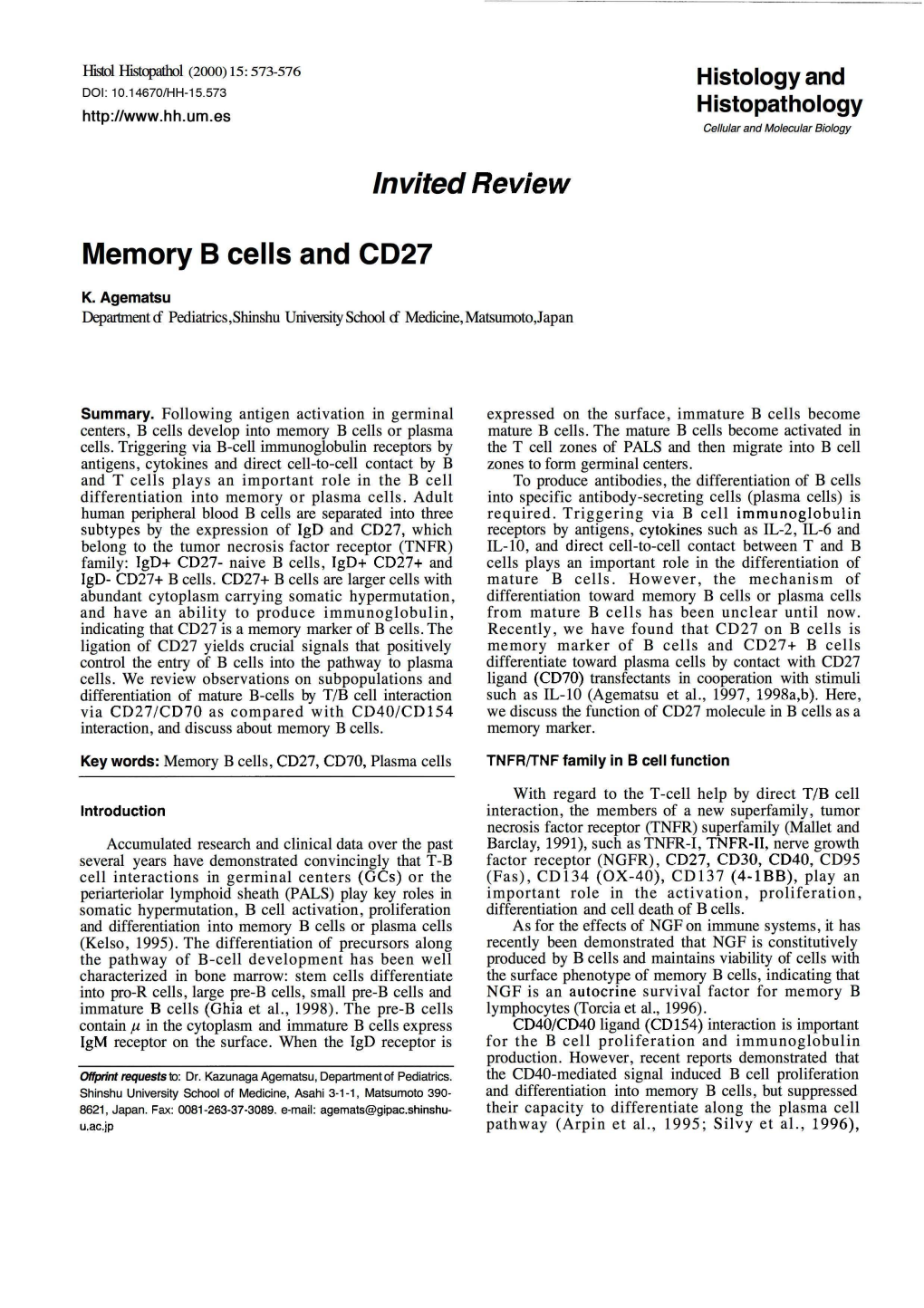 Lnvited Review Memory B Cells and CD27