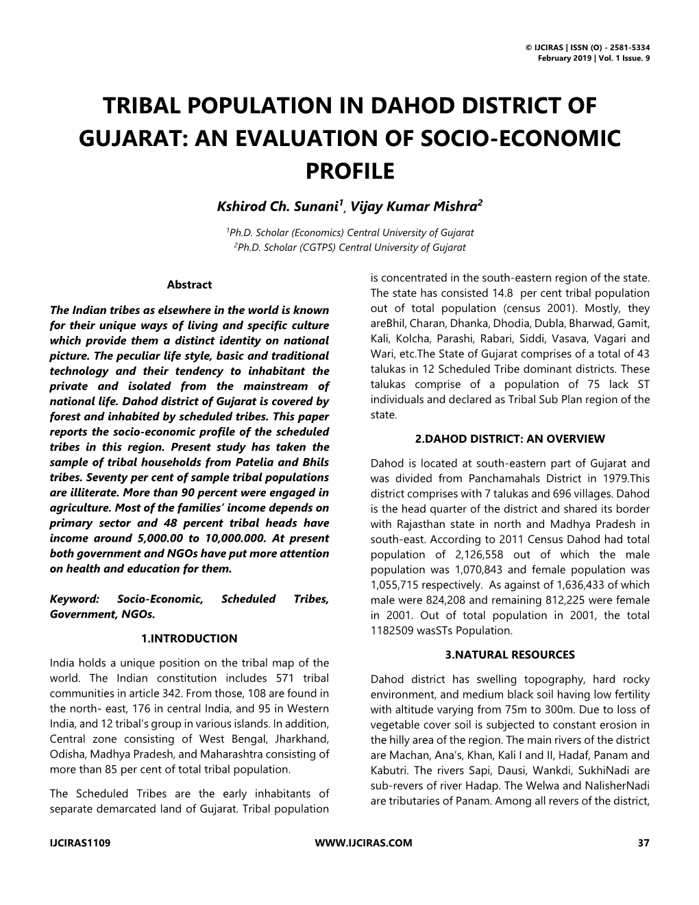 Tribal Population in Dahod District of Gujarat: an Evaluation of Socio-Economic Profile