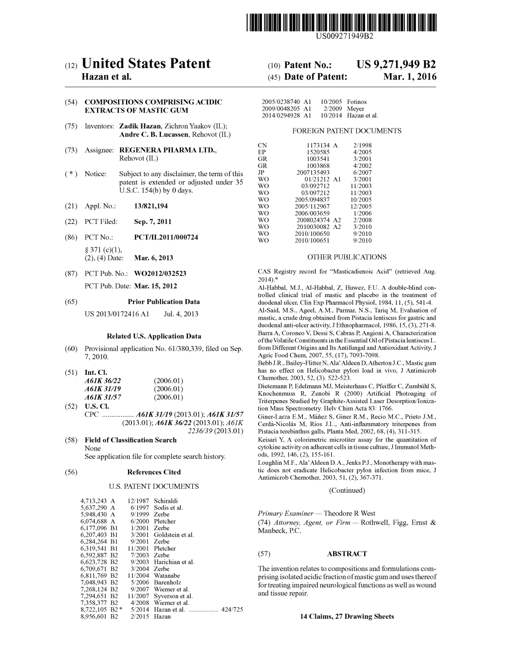 (12) United States Patent (10) Patent No.: US 9.271,949 B2 Hazan Et Al