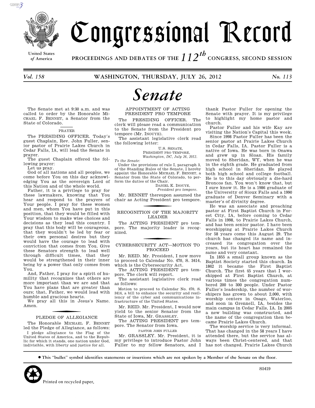 Congressional Record United States Th of America PROCEEDINGS and DEBATES of the 112 CONGRESS, SECOND SESSION