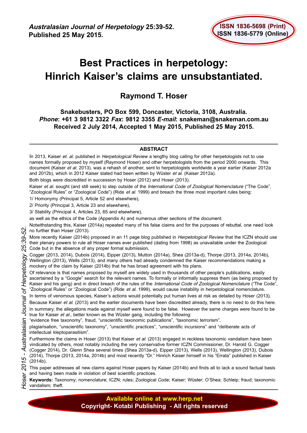 Best Practices in Herpetology: Hinrich Kaiser's Claims Are Unsubstantiated