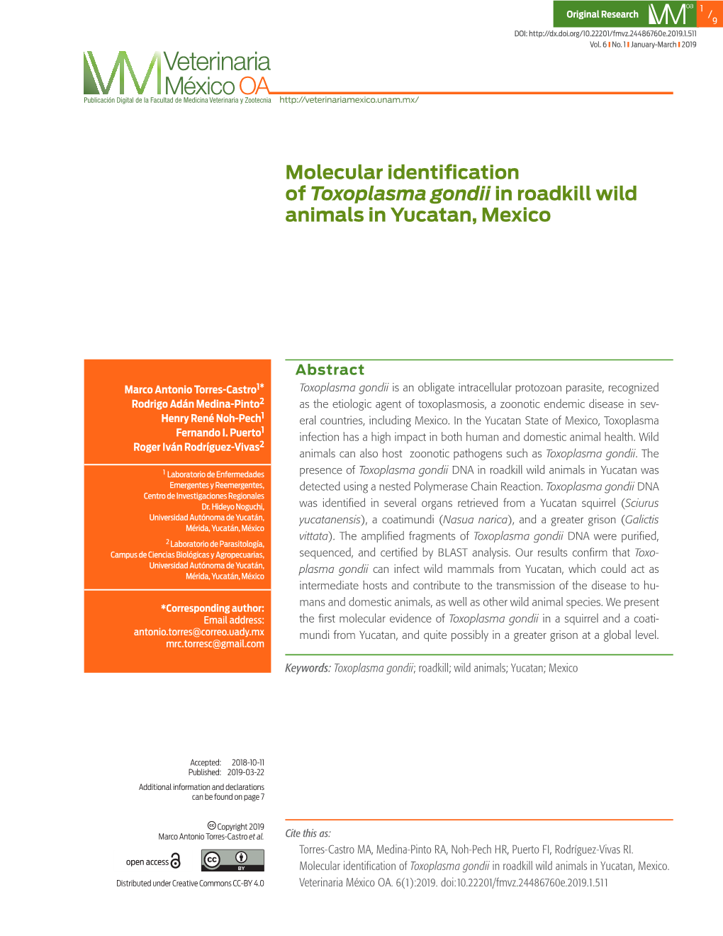 Molecular Identification of Toxoplasma Gondii in Roadkill Wild Animals in Yucatan, Mexico