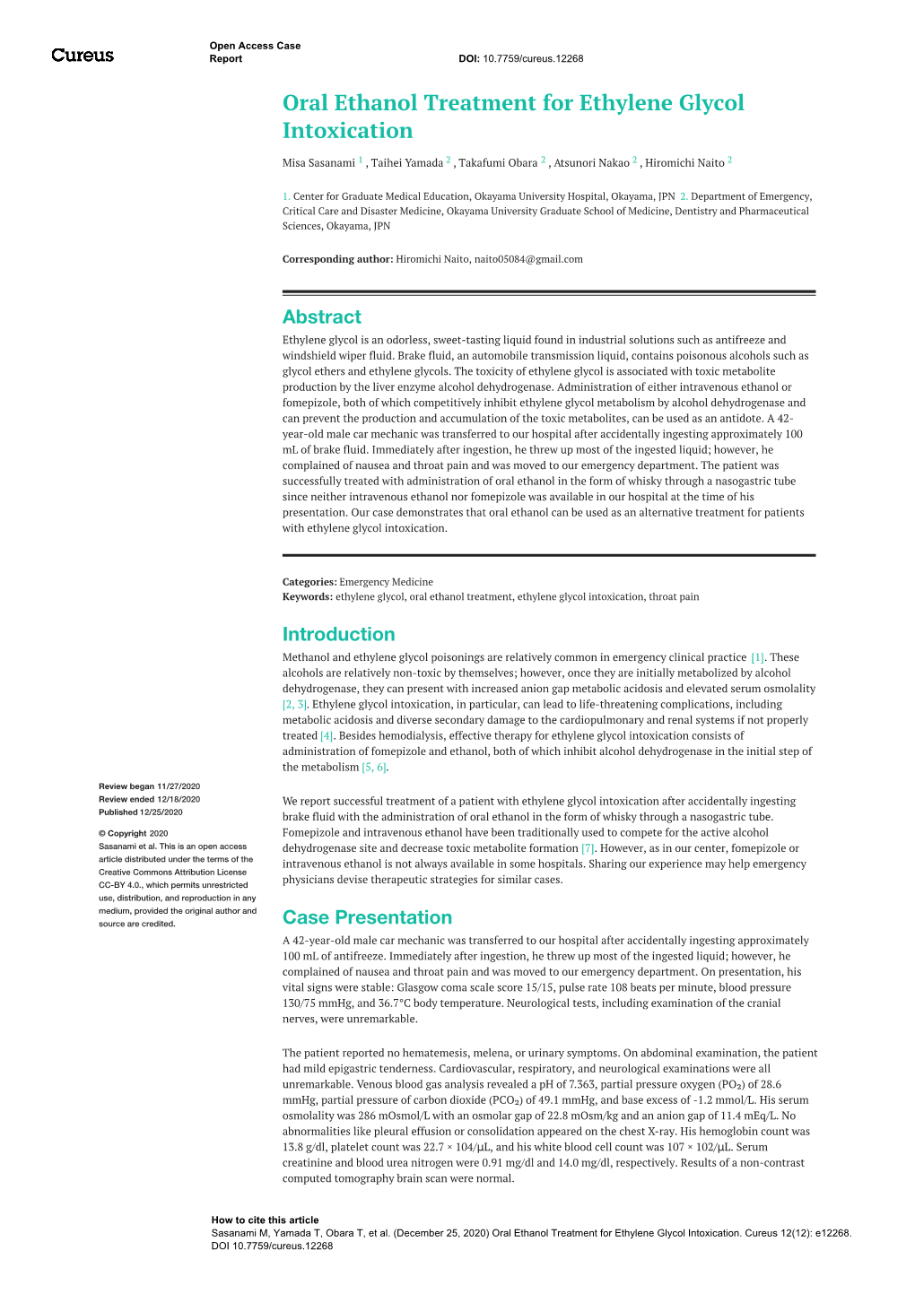 Oral Ethanol Treatment for Ethylene Glycol Intoxication