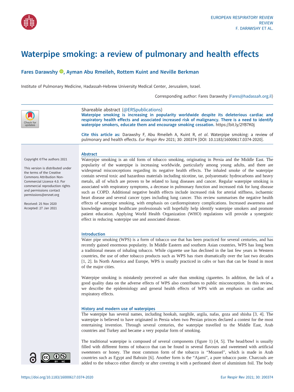 Waterpipe Smoking: a Review of Pulmonary and Health Effects