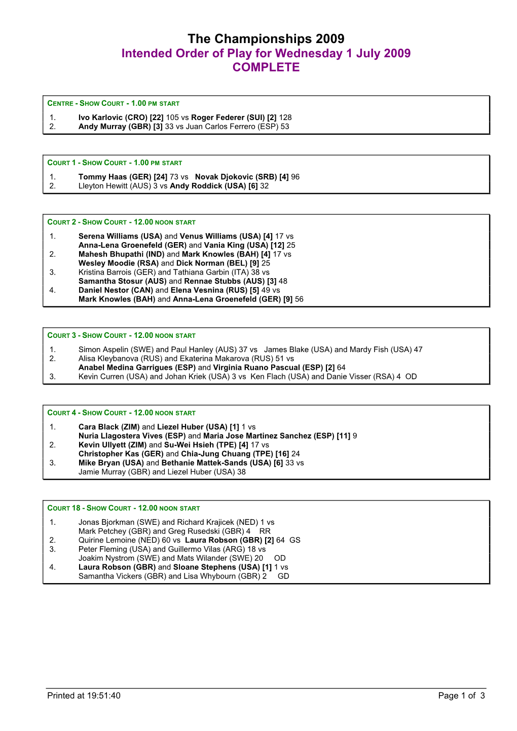 The Championships 2009 Intended Order of Play for Wednesday 1 July 2009 COMPLETE