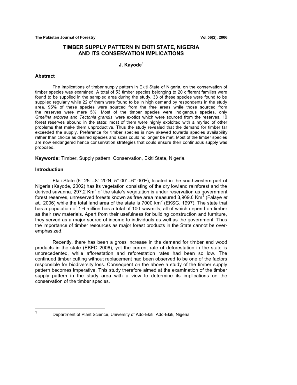 Exploratory Study on Timber Supply Pattern in Ekiti State, Nigeria