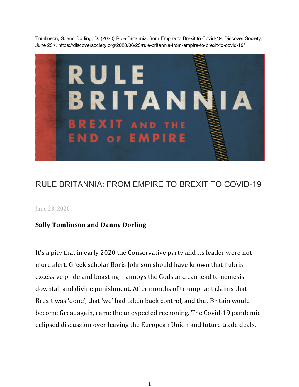 Rule Britannia: from Empire to Brexit to Covid-19